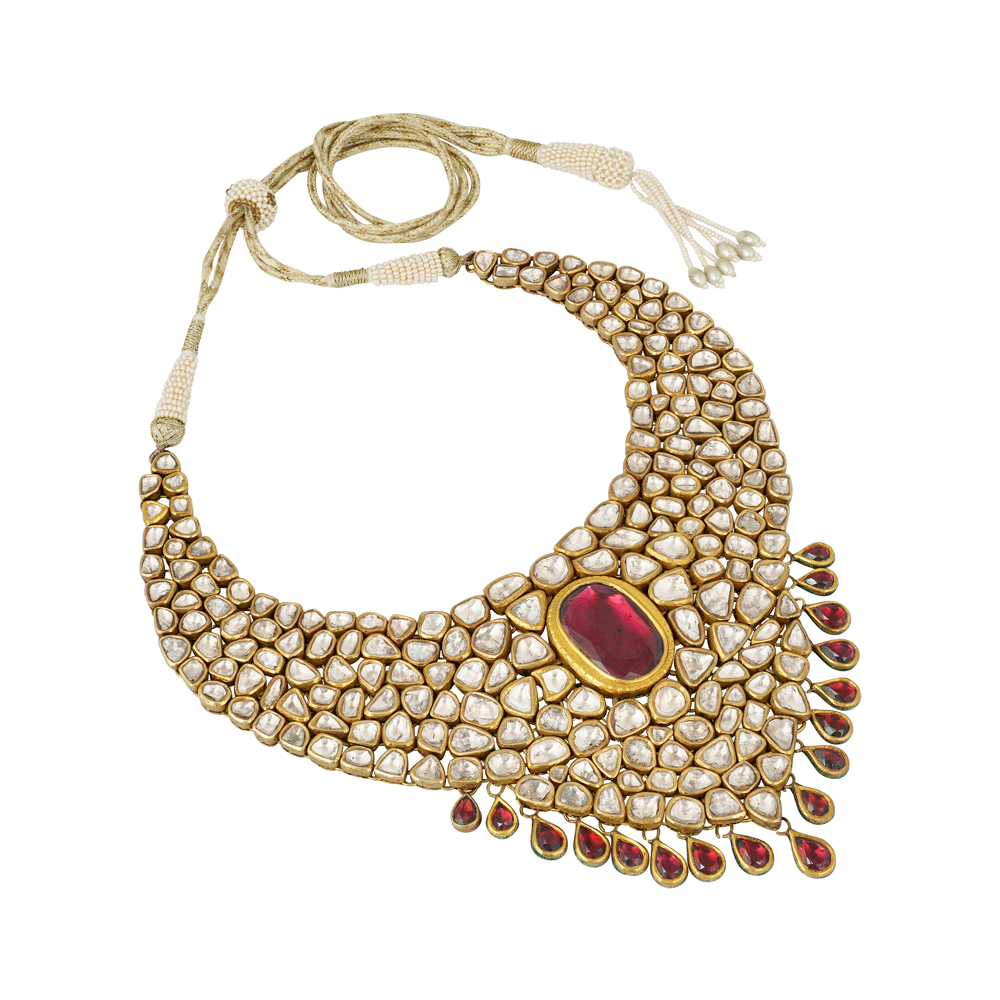 Bridal Polki Necklace with Rhodolite Center and Red Drops